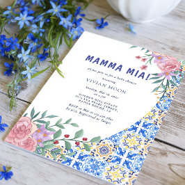 Italienska blåa kakel Mamma Mia Baby Shower Inbjudningar