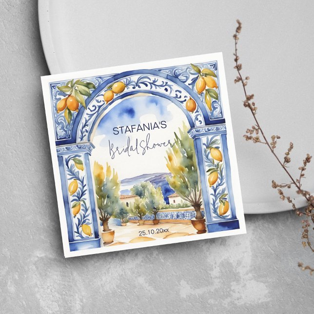Italienska blåa kakel valv citroner bröllopsdusch pappersservett (Italian Blue tiles arch lemons bridal shower tableware personalized napkins Napkins watercolor scene)