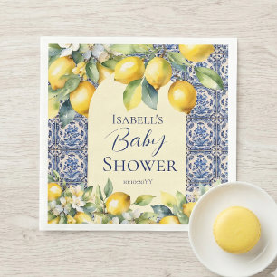Italienska blåa kakel vattenfärg citron baby showe pappersservett