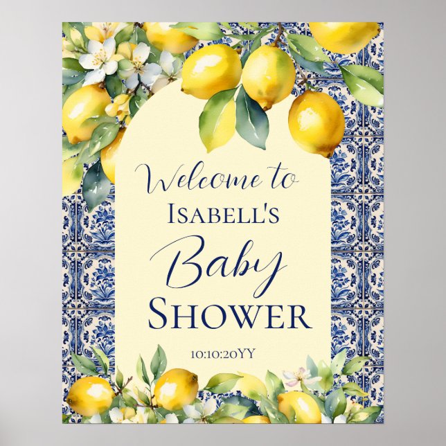 Italienska blåa kakel vattenfärg citron baby välko poster (Framsidan)