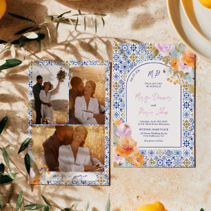 Italienska blåa kakelplattor djärvt boho blommig f inbjudningar