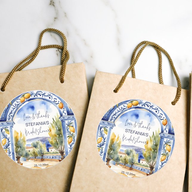 Italienska blåa kakelvalvs citroner bröllopsdusch runt klistermärke (Italian Blue tiles arch lemons bridal shower thank you favor Sticker watercolor Mediterranean scener)