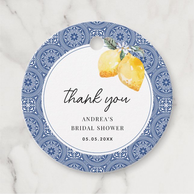 Italienska blommotiv & blå kakel Bröllopsdusch Tac Gåvor Etiketter (Framsida)