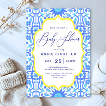 Italienska Blue Tile Gult Ram Baby Shower