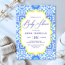 Italienska Blue Tile Gult Ram Baby Shower Inbjudningar