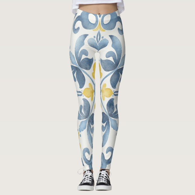 Italienska Blue Tile Lemon Leggings (Framsida)