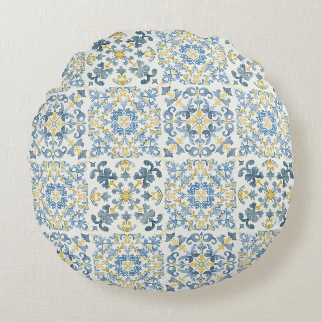 Italienska Blue Tile Lemon Rund Kudde (Framsidan)