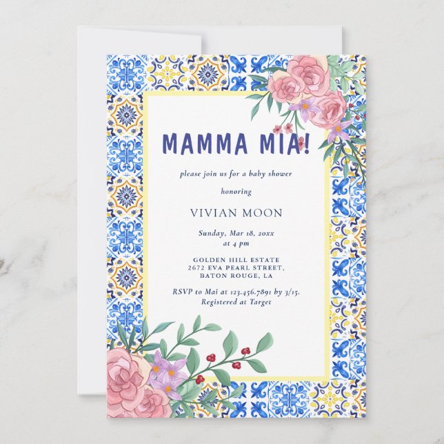 Italienska Blue Tile mamma Mia Baby Shower Inbjudningar (Framsida)