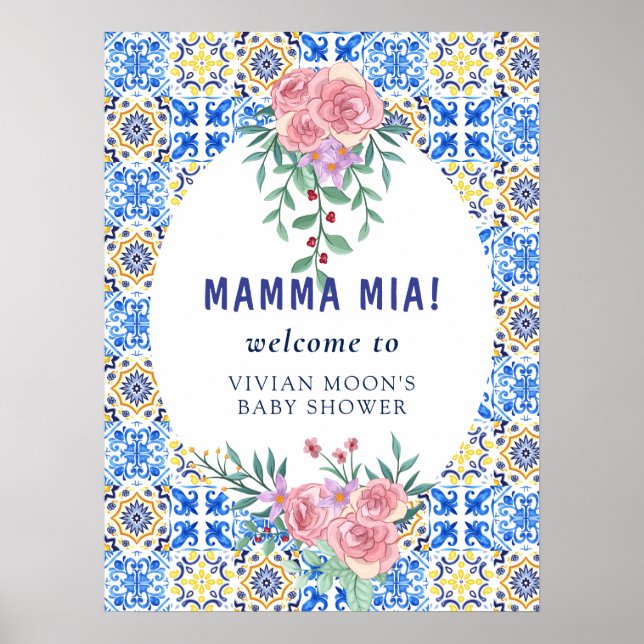 Italienska Blue Tile mamma Mia Baby Shower Poster (Framsidan)