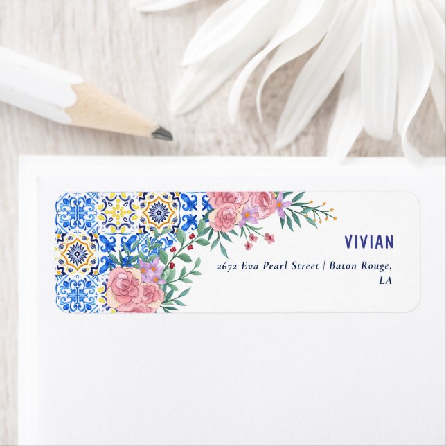 Italienska Blue Tile mamma Mia Return Adress Returadress Etikett (Insitu)