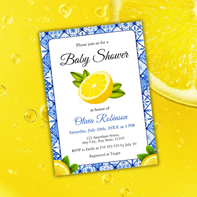 Italienska Blue Tile Positano Lemon Baby Shower Inbjudningar (Italian Blue Tile Positano Lemon Baby Shower Invitation )