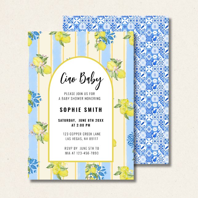 Italienska Blue Tiles, Ciao Baby, Lemons Inbjudningar (Skapare uppladdad)