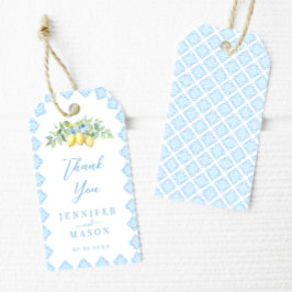 Italienska Blue Tiles Lemon Coastal Bröllop Tack Presentetikett