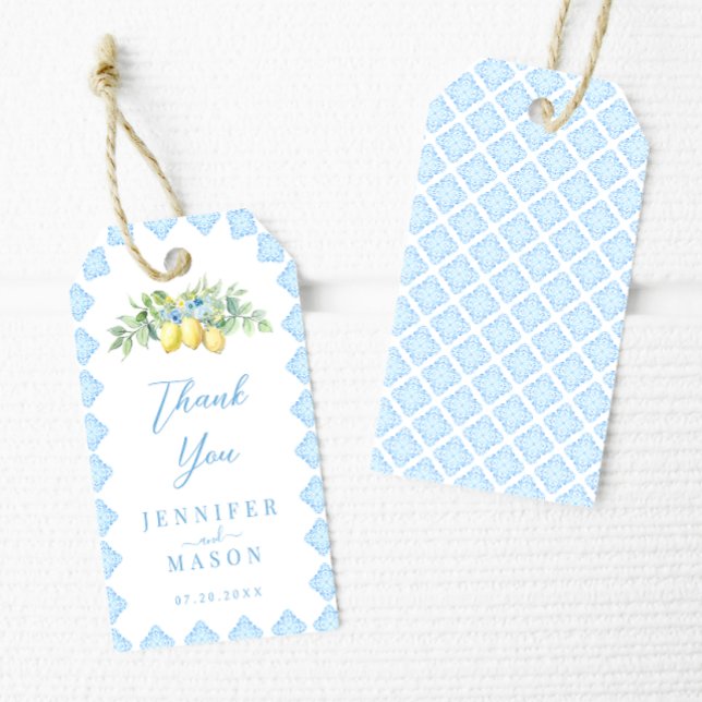 Italienska Blue Tiles Lemon Coastal Bröllop Tack Presentetikett (Skapare uppladdad)
