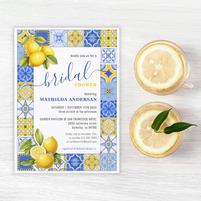 Italienska Blue Tiles Lemon Sommar Möhippa Inbjudningar (Italian Blue Tiles Lemon Summer Bridal Shower Invitation)