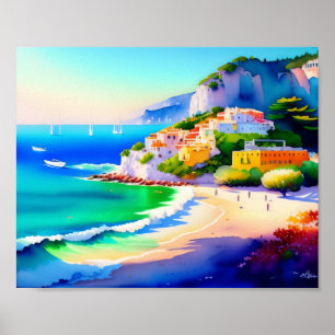 Italienska byn Beach Watercolor Poster