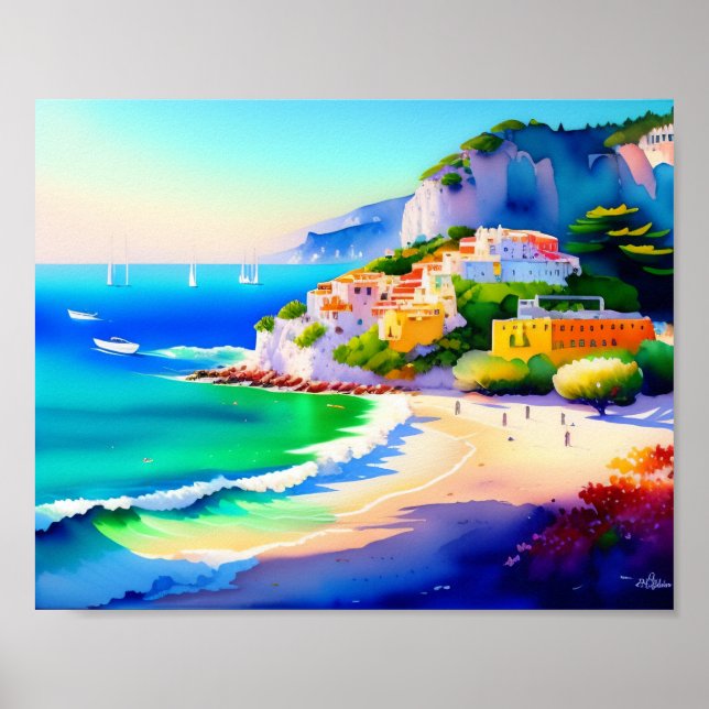 Italienska byn Beach Watercolor Poster (Framsidan)