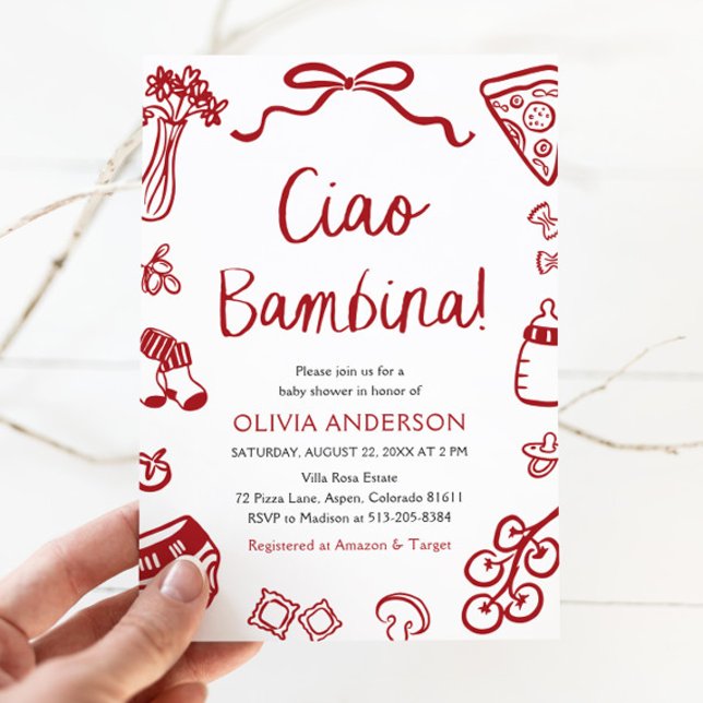 Italienska Ciao Bambina Flickig Bebis Shower Inbjudningar (Watercolor Ciao Bambina Whimsical Italian Pizza Baby Shower Invitation)