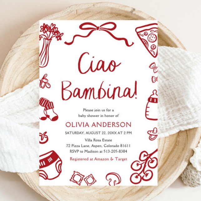 Italienska ciao Bambina Girl Whimsical Baby Shower Inbjudningar (Watercolor Ciao Bambina Whimsical Italian Pizza Baby Shower Invitation)