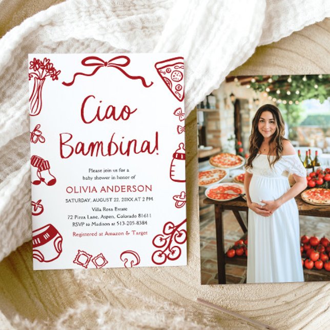 Italienska ciao Bambina Girl Whimsical Baby Shower Inbjudningar (Watercolor Italian Ciao Bambina Girl Whimsical Baby Shower Invitation)