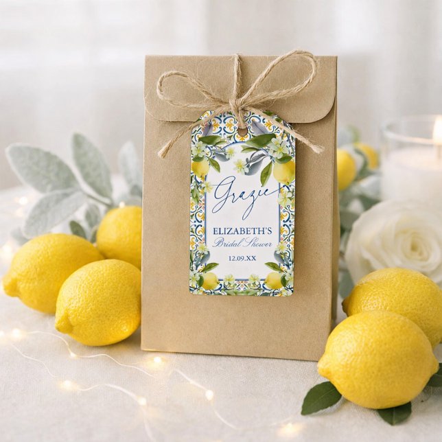 Italienska citronbröllopsduschpresenttaggar presentetikett (Italian Lemon Bridal Shower Favor Tags)