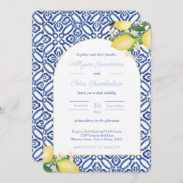 Italienska citroner Arch Shape Blue White Tiles Br Inbjudningar