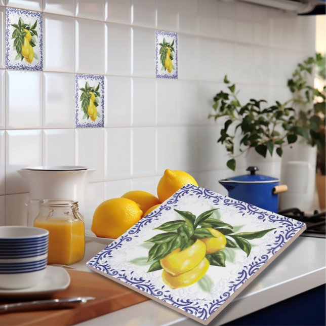 Italienska citroner Blå filigran Europeisk Kakelplatta (European Italian Lemons 
Ceramic Kitchen Backsplash Tile)