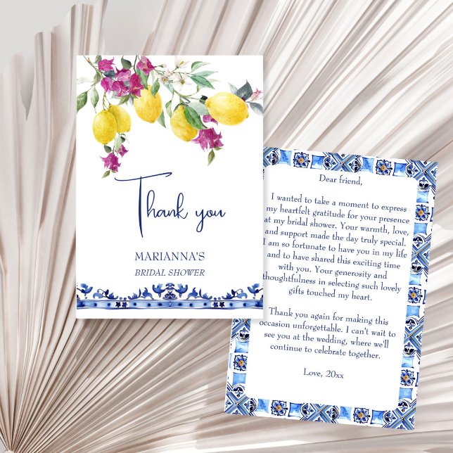Italienska citroner bougainvillea citrus bröllopsd tack kort (Italian maiolica lemons bougainvillea citrus Mediterranian bridal shower wedding thank you card)