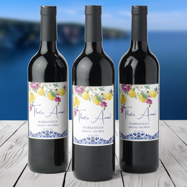 Italienska citroner bougainvillea möhippa favör vinflaska etikett (That's amore Italian lemons bougainvillea citrus bridal shower favors personalized  wine labels)