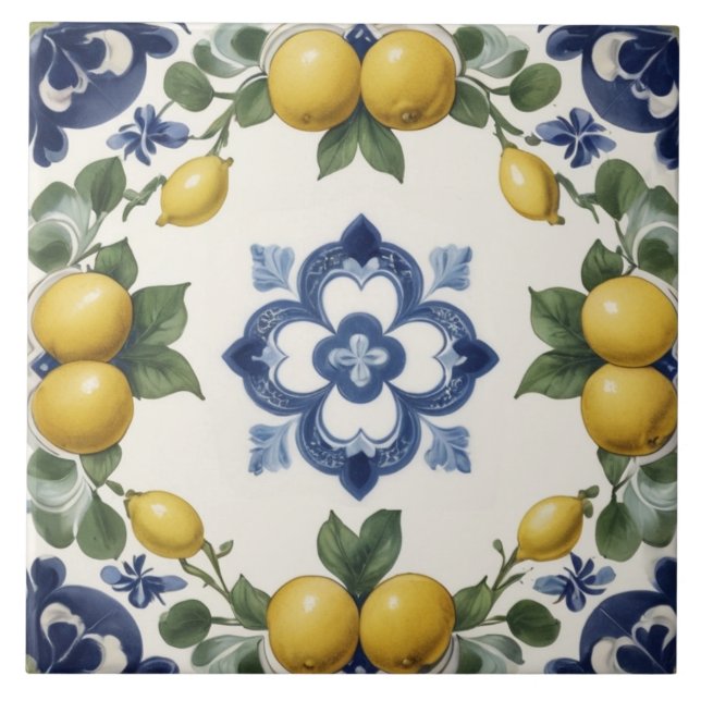 Italienska citroner & citrusfrukt med blå klöver kakelplatta (Framsidan)