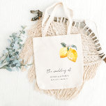 Italienska citroner och skript Amalfi Kusten Weddi Tygkasse<br><div class="desc">Överraska dina gäster med elegant tote bags,  med vattenfärgscitronblommigt och redigerbara detaljer. Lägg enkelt till dina egna uppgifter genom att klicka på alternativet "anpassa".</div>