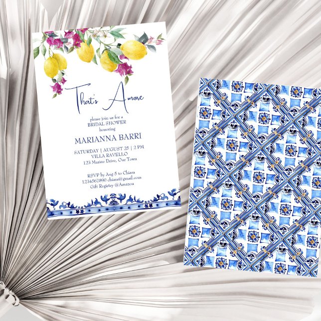 Italienska citruscitruscitruspumpar bougainvillea  inbjudningar (Italian maiolica lemons bougainvillea Mediterranean citrus bridal shower invitation template digital)