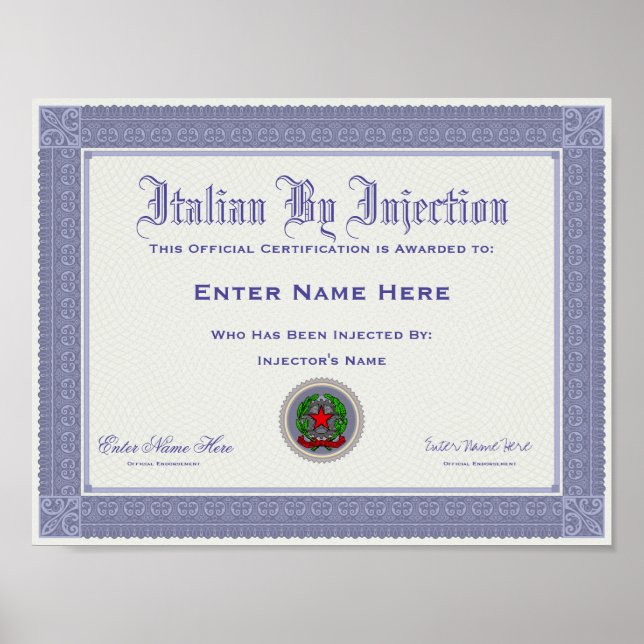 Italienska efter Injection Certification Funny Poster (Framsidan)