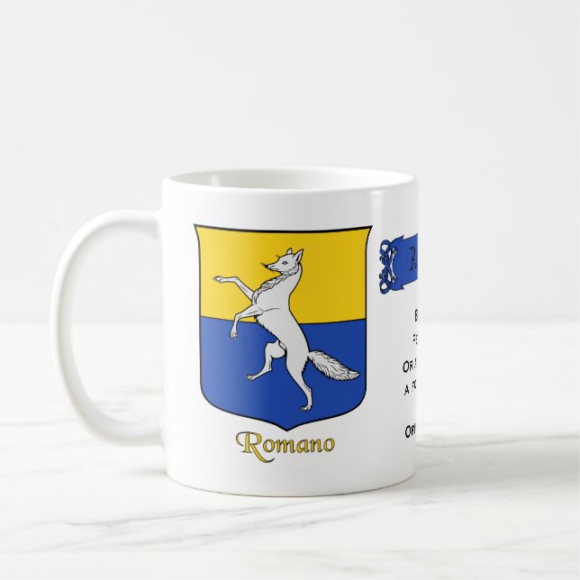 Italienska efternamnet Romano Heraldic Shield och  Kaffemugg (Vänster)