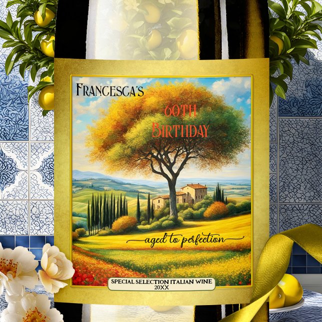 Italienska finkonsommardagen vinflaska etikett (Colorful summer or fall birthday wine label featuring a fine art painting of Tuscany, Italy)