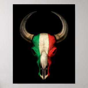 Italienska Flagga Bull Skull on Black Poster