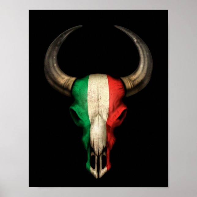 Italienska Flagga Bull Skull on Black Poster (Framsidan)