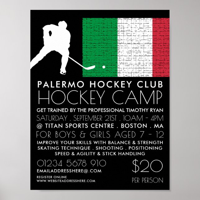 Italienska Flagga, Hockey Player, Camp Advertising Poster (Framsidan)