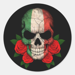 Italienska Flagga Skull med Röd ros Runt Klistermärke