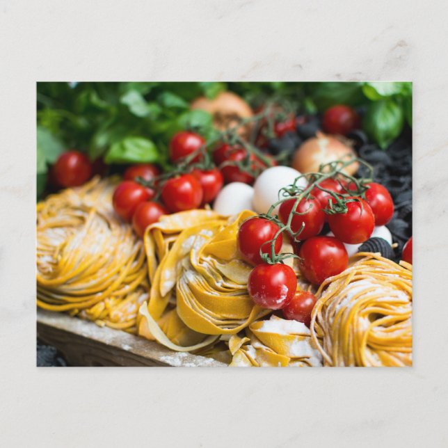 Italienska Food Fresh Pasta Tomato Basil Vykort (Framsida)