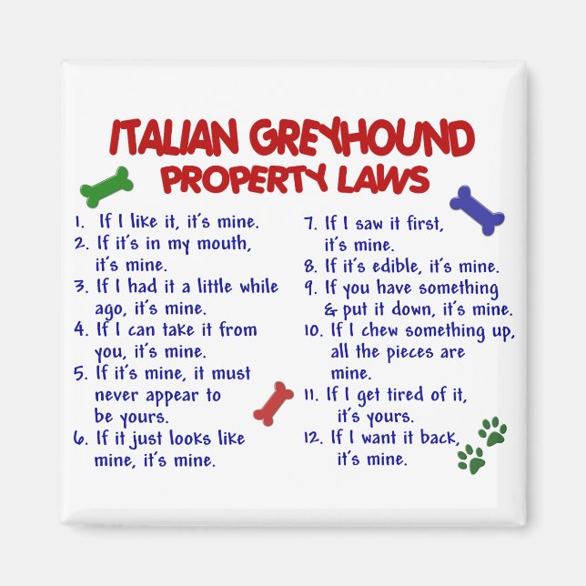 ITALIENSKA GREYHOUND Egendom-lagar Magnet (Framsidan)