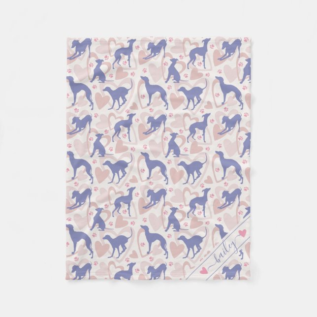 Italienska greyhound Hearts Periwinkle Mönster Nam Fleecefilt (Framsidan)