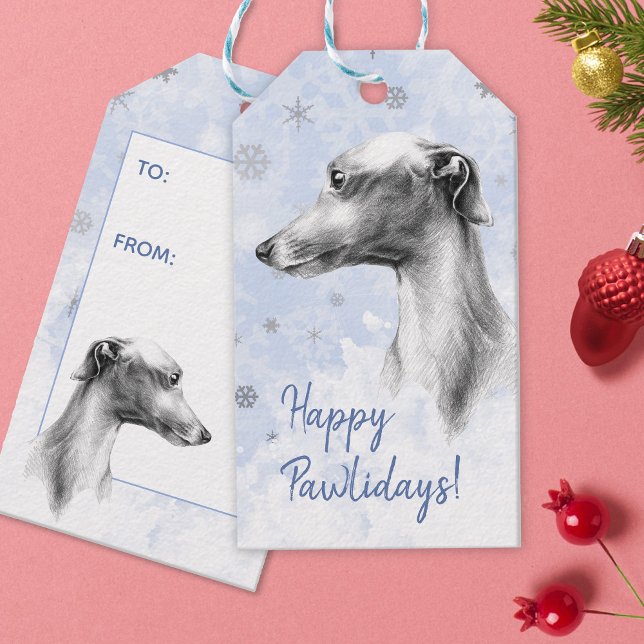 Italienska Greyhound Hund Snöflingor Blue Presentetikett (Skapare uppladdad)