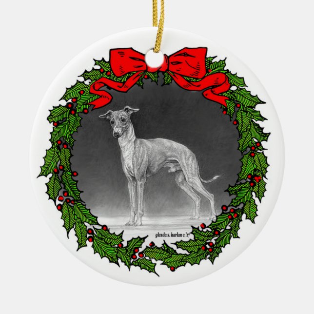 Italienska Greyhound Teckning by Glenda S. Harlan Julgransprydnad Keramik (Framsidan)