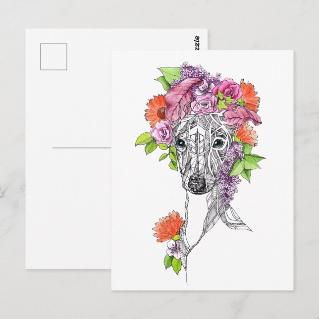 Italienska Greyhound-vitboken hund-blommor art Vykort (Fram/baksida)