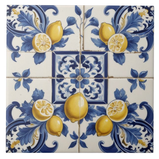 Italienska keramiska citroner Tile Blue White Kakelplatta (Framsidan)