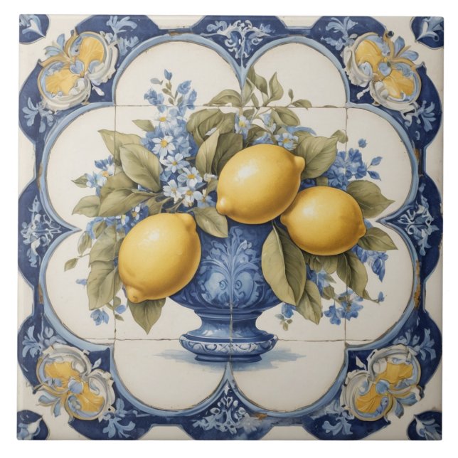 Italienska keramiska citroner Tile Blue White Kakelplatta (Framsidan)