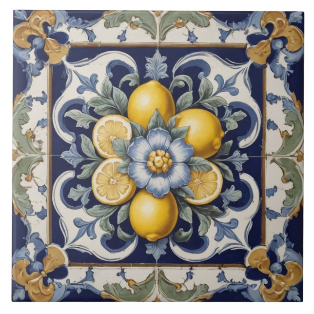 Italienska keramiska citroner Tile Blue White Kakelplatta (Framsidan)