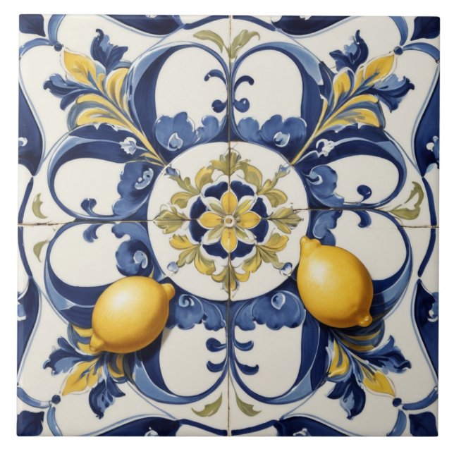 Italienska keramiska citroner Tile Blue White Kakelplatta (Framsidan)