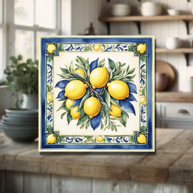 Italienska keramiska Lemon Tile Blue Majolica Kakelplatta (Skapare uppladdad)